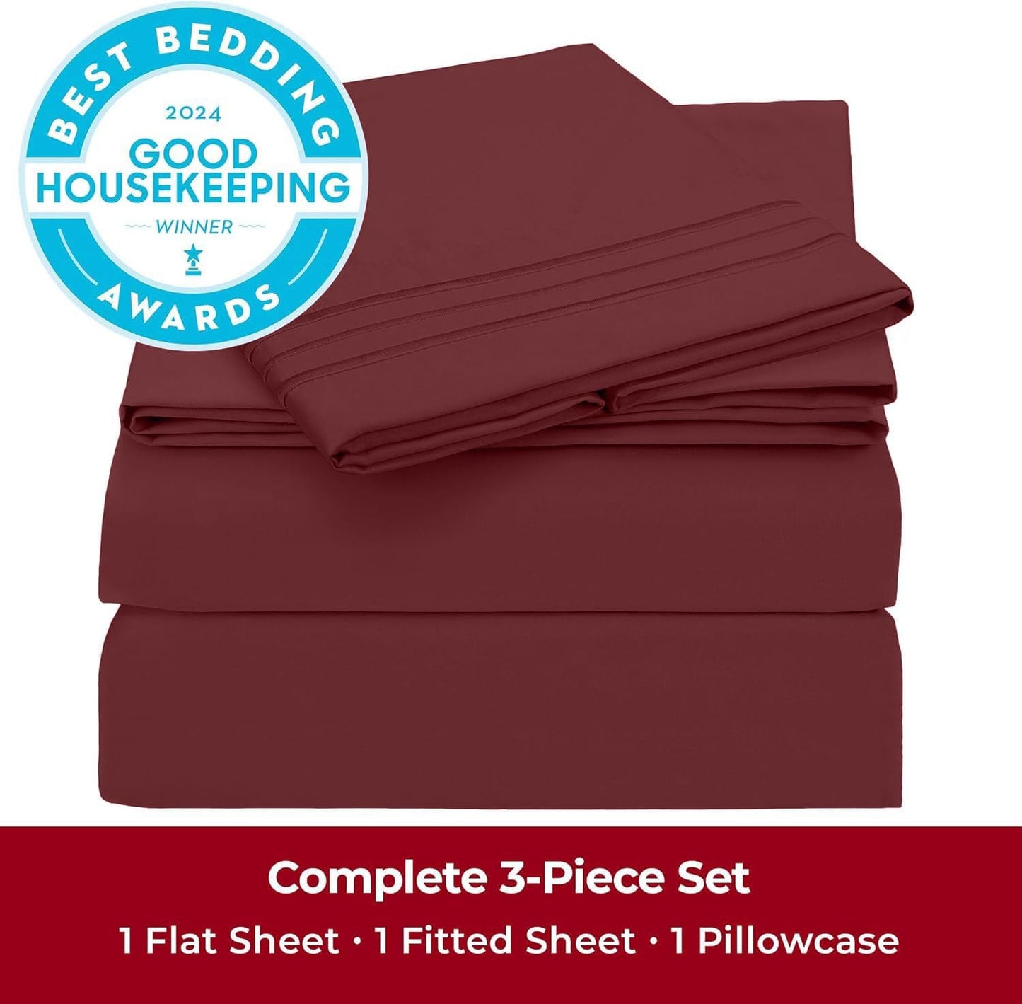 Mellanni Twin Sheets Set - 3 PC Hotel Luxury Bedding | Extra Soft, Cooling, Wrinkle-Resistant (Burgundy)