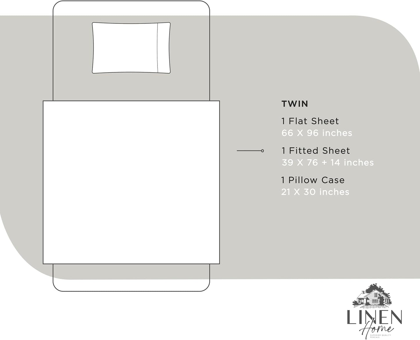 Linen Home 100% Cotton Percale Twin Sheets Set - Deep Pocket, White, 3 Pieces for Crisp Comfort