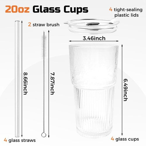 GGOLDMER 4 Pack Glass Tumblers with Lids and Straws, 20oz Iced Coffee Cups with Lids Reusable for Juices, Smoothies, Cocktail, Beer, Tea and Latte - Ribbed Design & Thick Glass