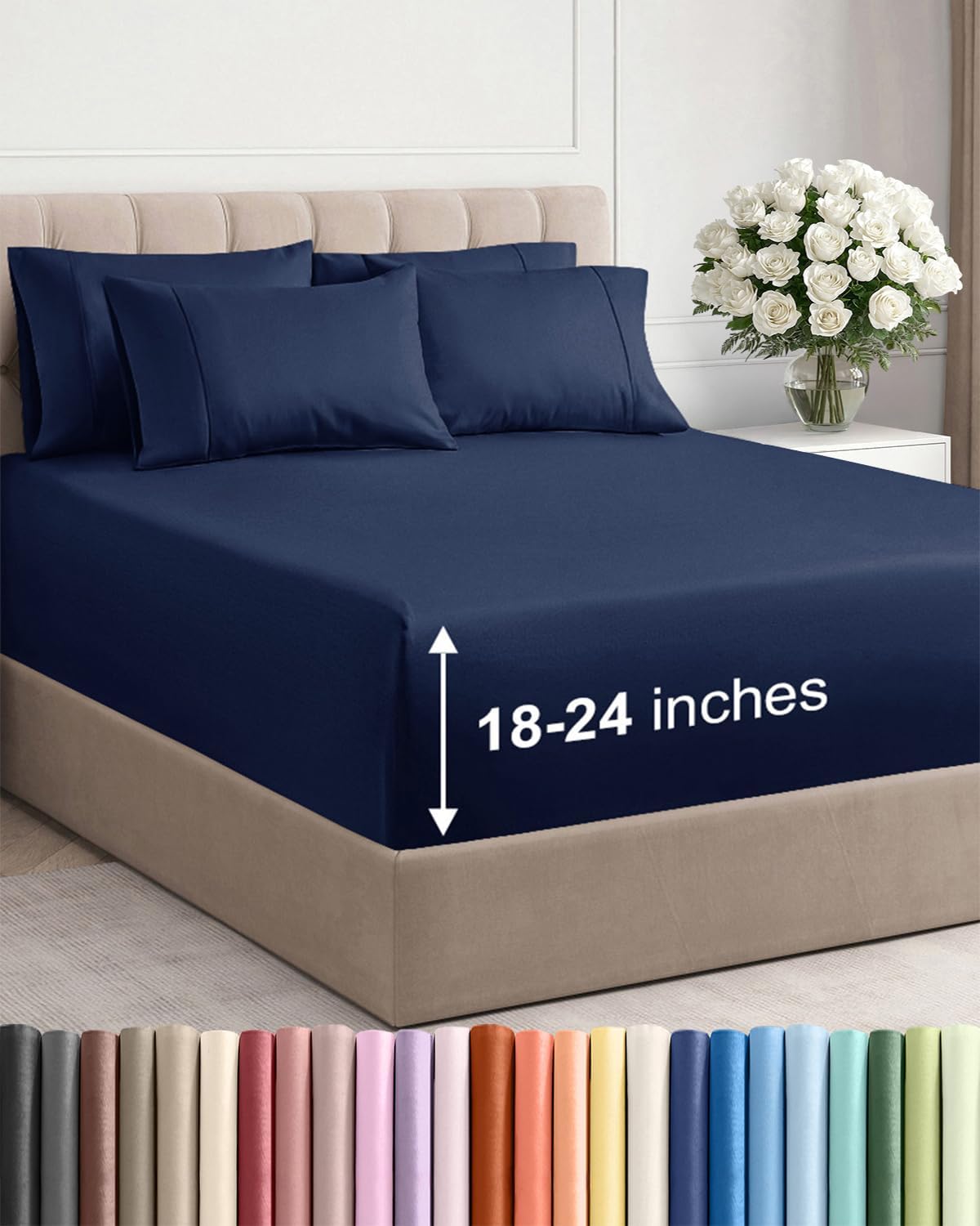 Skiennix Extra Deep Full Sheet Set - 6 Piece Breathable Cooling Bedding - Soft Wrinkle-Free Navy Blue