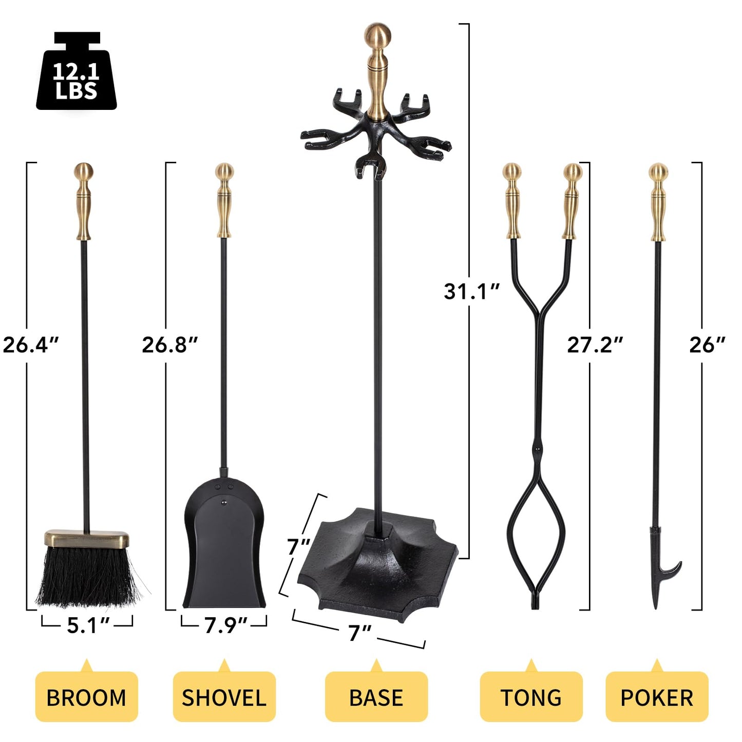 nalone 5 Pieces Fireplace Tools Set, Brass Handles Wrought Iron Fireplace Accessories Set with Poker, Tong, Shovel, Brush, Fire Place Tools Indoor Outdoor (Antique Bronze)