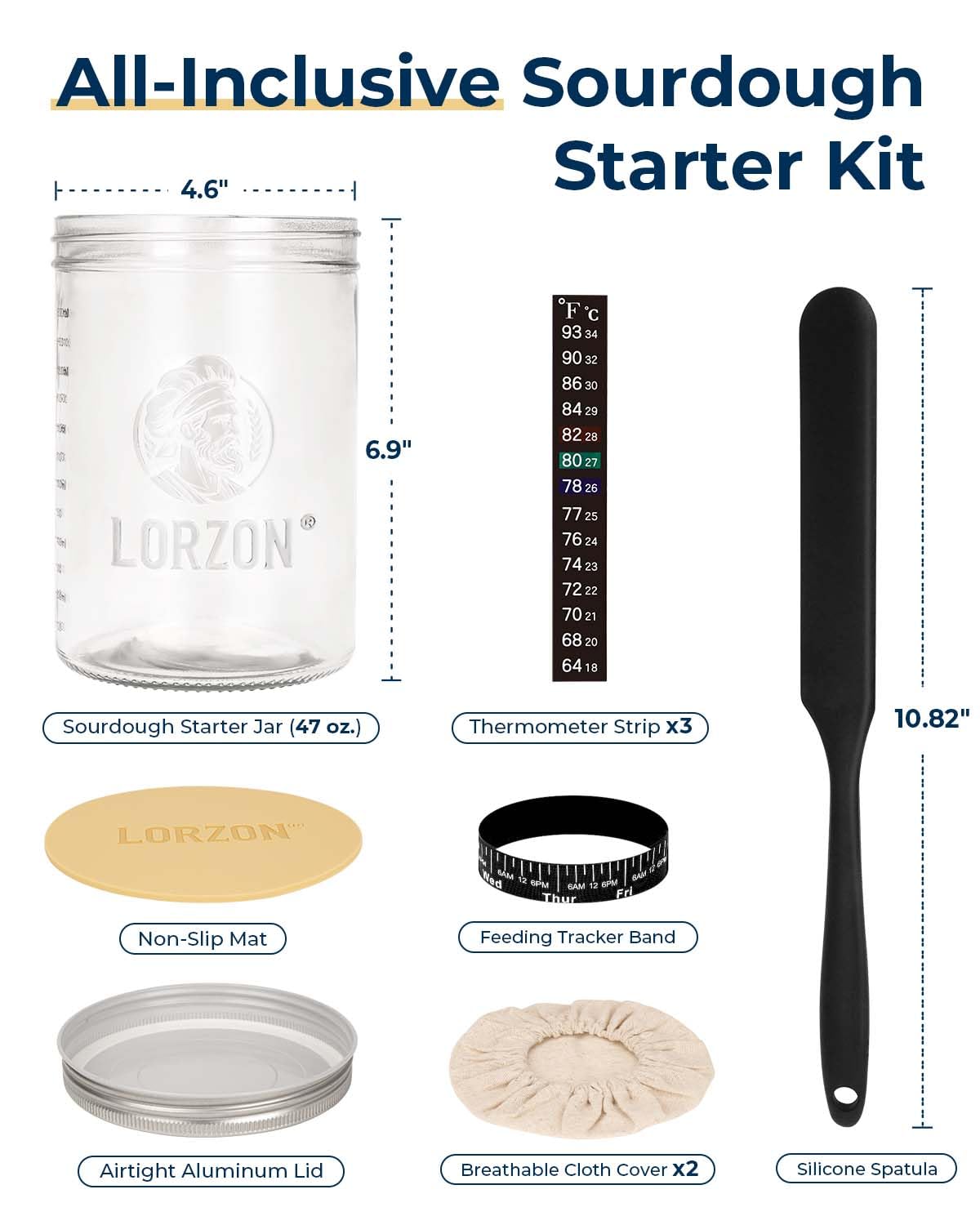 Lorzon Sourdough Starter Jar Kit - 47 oz Large Wide Mouth Bread Starter Jar with Feeding Tracking Band, Silicone Spatula, Sourdough Bread Baking Supplies