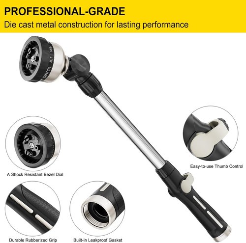 FANHAO 16-Inch Metal Watering Wand - Heavy Duty Hose Nozzle with 9 Spray Patterns & 180° Rotation - Black