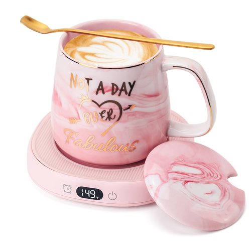 Coffee Mug Warmer & Not A Day Mug Set, Coffee Cup Warmer for Desk, 4 Temperature Setting, Smart Electric Beverage Warmer for Coffee, Tea, 8-Hours Auto Shut Off