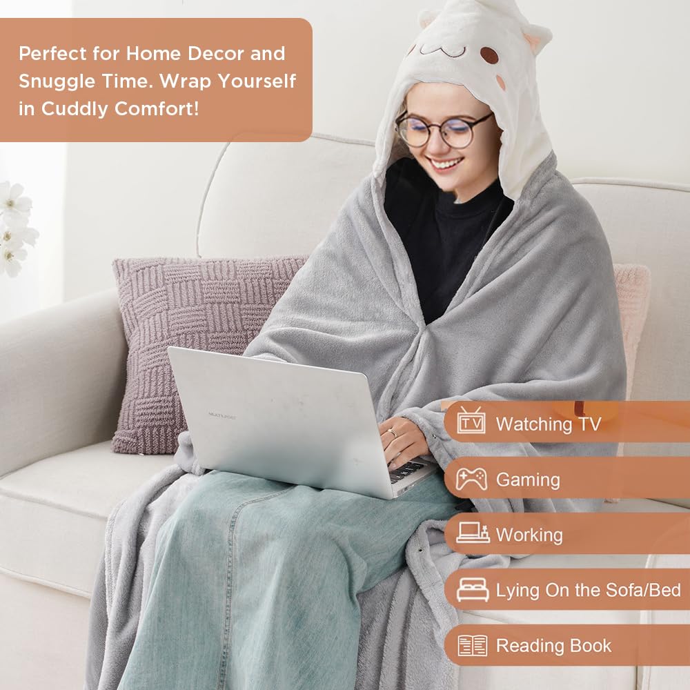 Bunnikins & Clover Wearable Hoodie Blanket for Adults, Warm and Cozy Oversized Blanket, Soft Flannel Fleece Hoodie Throw Blankets,Cat