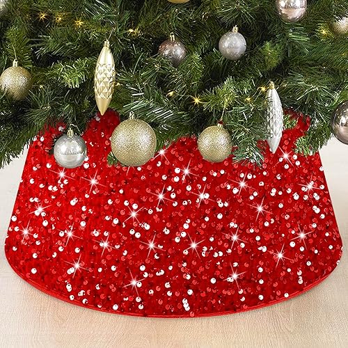 FOTSHARER Red 28.8 Inch Christmas Tree Collar Velvet Sequin Round Base Cover
