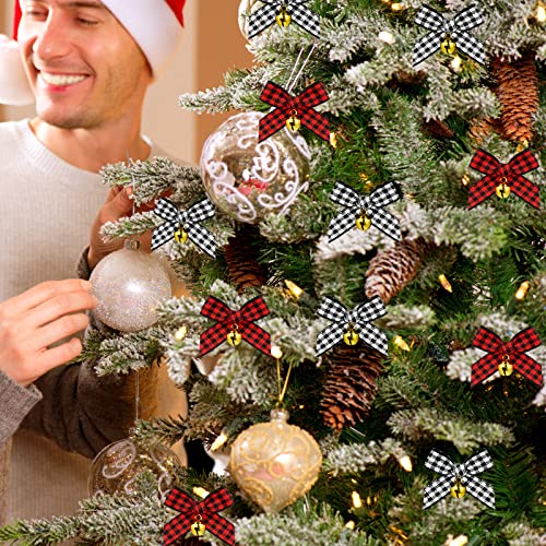 50 Pieces Christmas Bow with Bell Mini Plaid Buffalo Plaid Bow Gingham Xmas Bells for Christmas Tree Crafts Home Decoration DIY Making Ornament(Black and White, Red and Black)