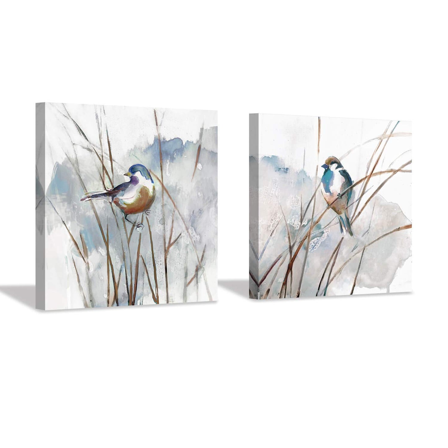 Abstract Bird Picture Wall Art: Animal Birds on Reed Artwork Painting on Canvas for Living Room (16” x 16” x 2 Panels)