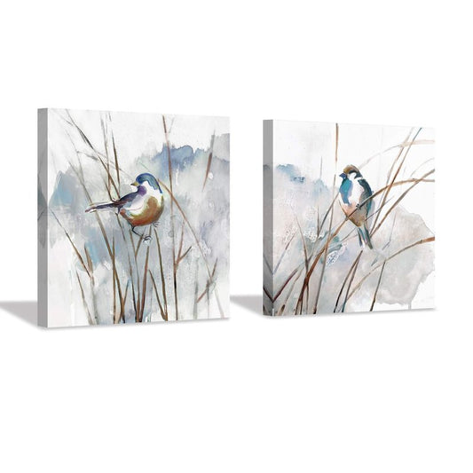 Abstract Bird Picture Wall Art: Animal Birds on Reed Artwork Painting on Canvas for Living Room (16” x 16” x 2 Panels)