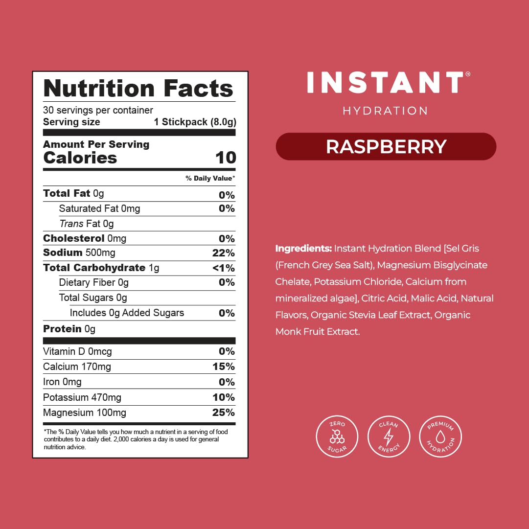 Instant Hydration Electrolytes Powder Packets - Raspberry Electrolyte Drink Mix - Zero Sugar - Keto, Vegan, Gluten-Free, Non-GMO - Boost Recovery, Brain Health, Muscle & Tissue Support- 30 Sticks