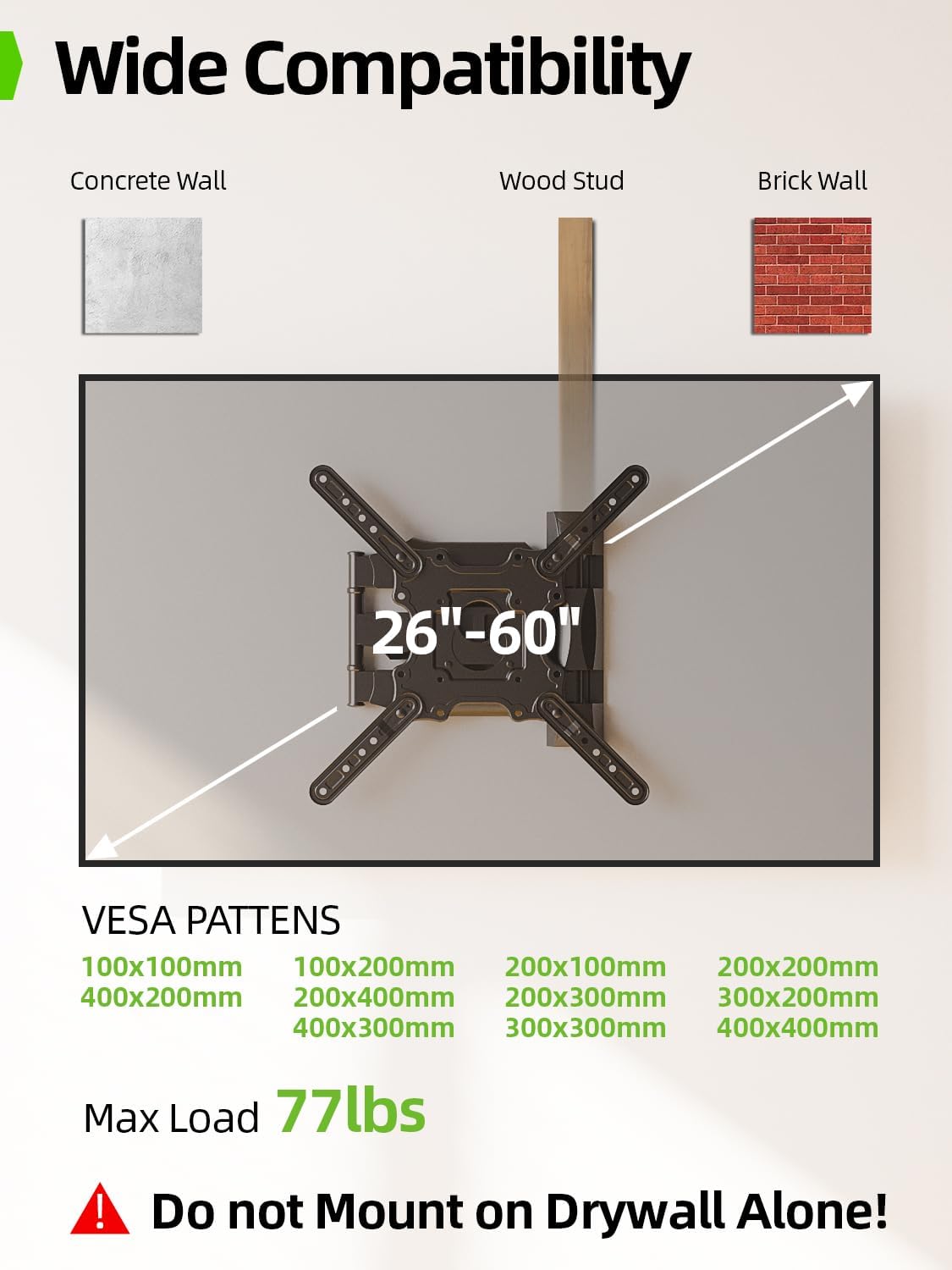 USX Mount Full Motion TV Wall Mount - Swivel & Tilt Design for 26-60 Inch TVs, Max VESA 400x400mm