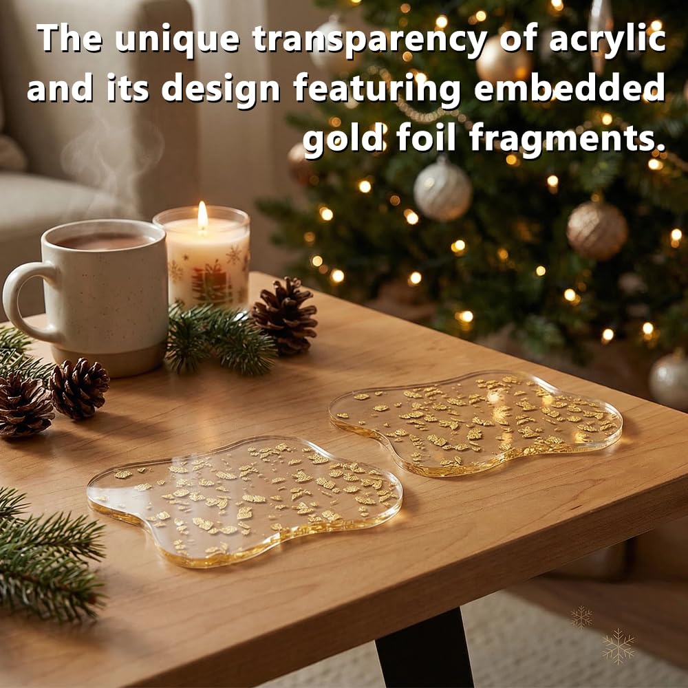 Sweet Elegance Set of 4 Acrylic Gold Foil Coasters Waterproof, Non-Slip, Durable Cup Mats for Home, Party, and Festival Decorate Drop Shape Table Ornamen
