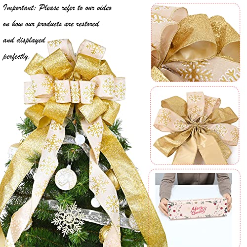 CANGBI Christmas Tree Topper Bow 40in x 13in White Glitter Satin Mesh Ribbon