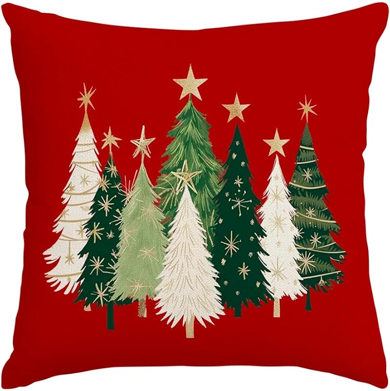 RABUSOFA Christmas Tree Pillow Cover 18x18 Red Stars, 18x18in, Hidden Zipper
