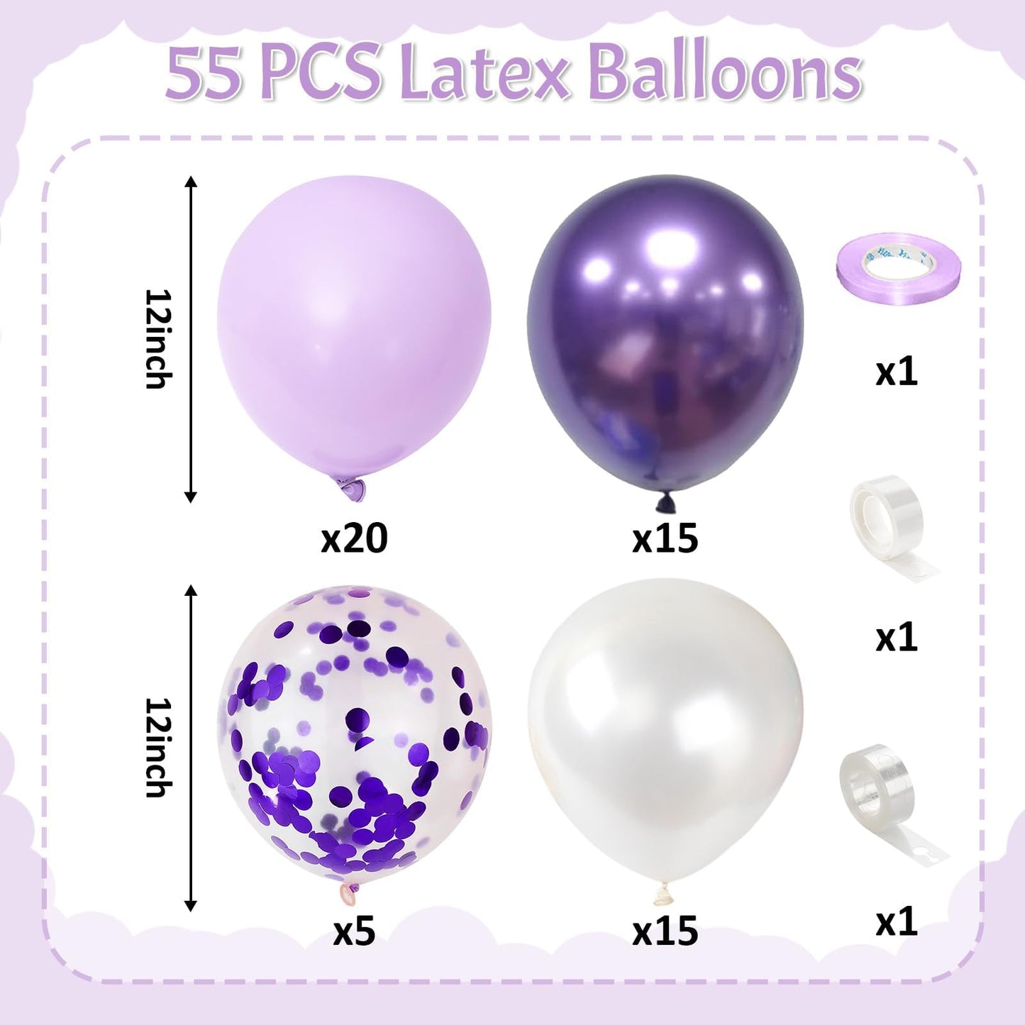 Purple Balloons, 55 PCS 12 Inch Lavender purple White Balloons, Metallic Purple Confetti Balloon Pearl Purple Balloon for Girl Women Baby Shower Birthday Wedding Anniversary Party Decorations