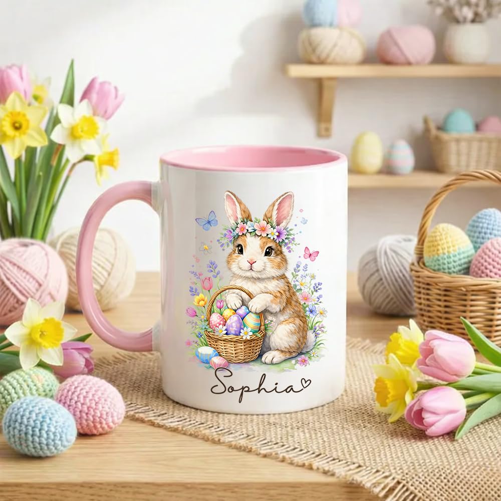 Personalized Easter Bunny Coffee Mug, Cute Bunny with Colorful Eggs Basket Ceramic Cup, Custom Spring Gift for Boys Girls, Adorable Rabbit Mug for Family Children Gift Idea 11oz 15oz/Idea4