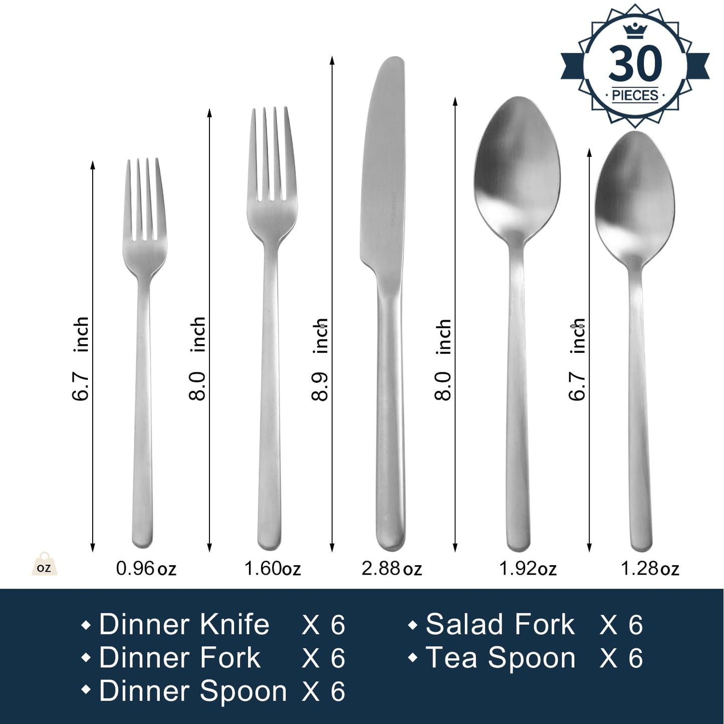 KINGSTONE 30 Pieces Silverware Set, Flatware Cutlery Set for 6, 18/10 Stainless Steel Silverware Utensils Minimalist Design Dishwasher Safe, Matte Silver