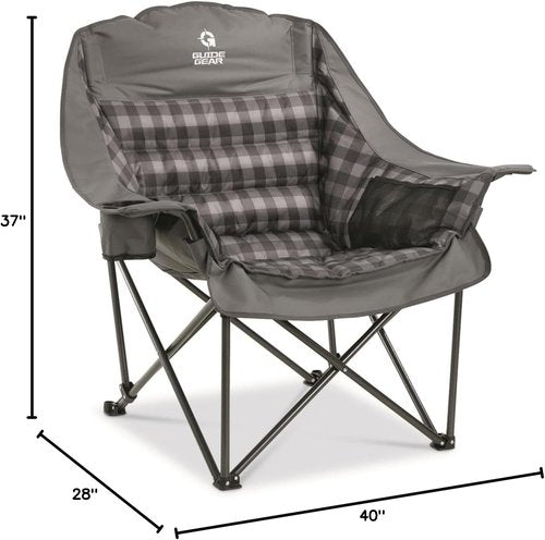 Guide Gear Oversized Padded Camping Chair - Portable Folding Lounge for Adults | Heavy-Duty 400 lb Capacity, Gray Plaid