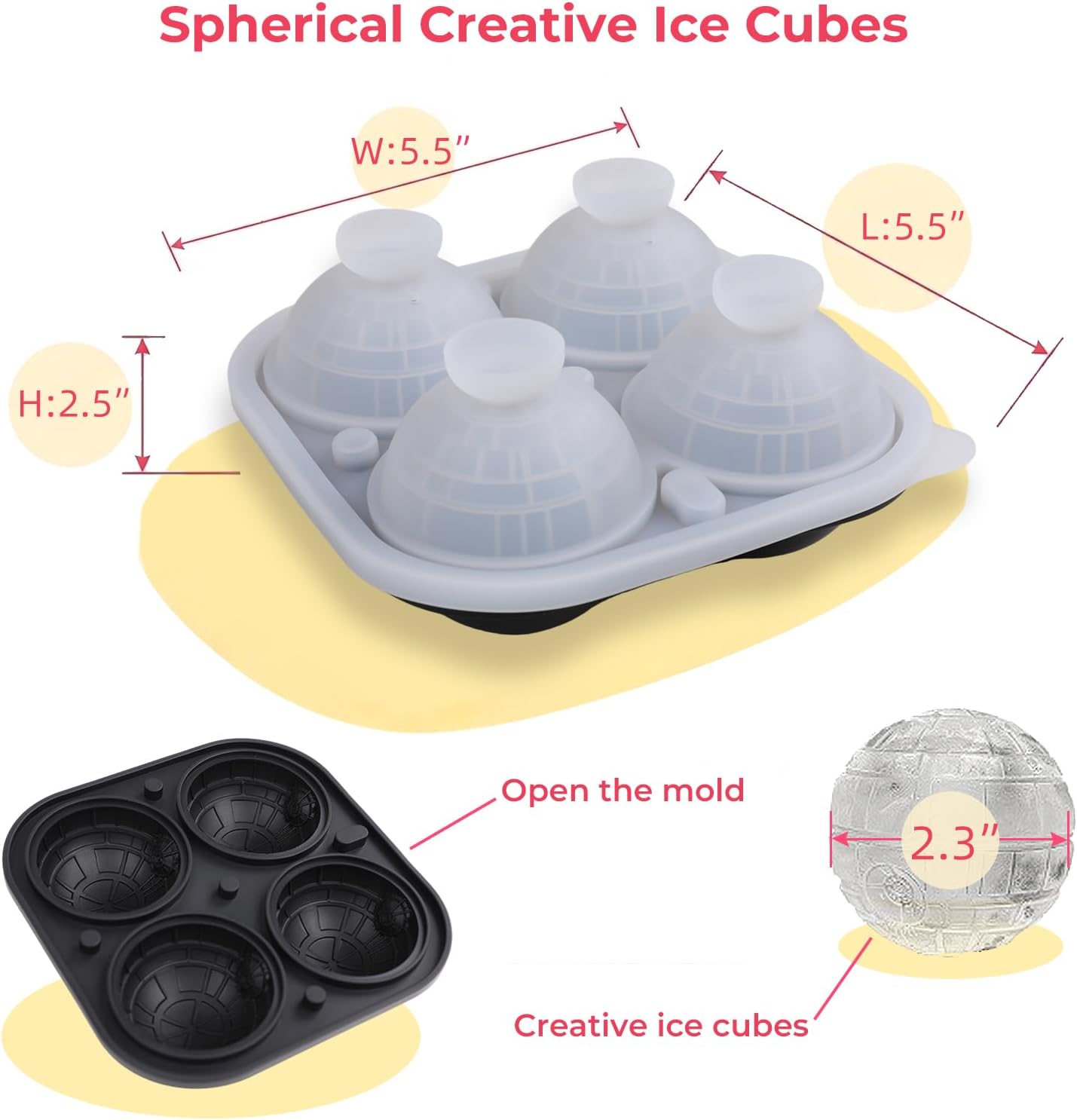 SpaceTime Large Ice Cube Tray - Silicone Round Ice Cube Mold with Lids & Funnel, 2.5 Inch for Whiskey & Cocktails