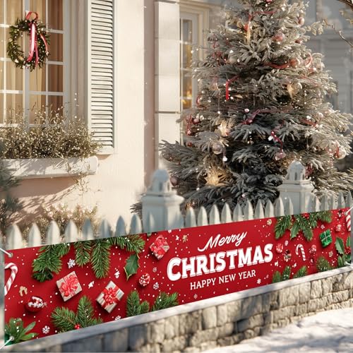 HOMETITUTE Merry Christmas Fence Banner Candy Cane Decor 118x20 Inch - Variation #04