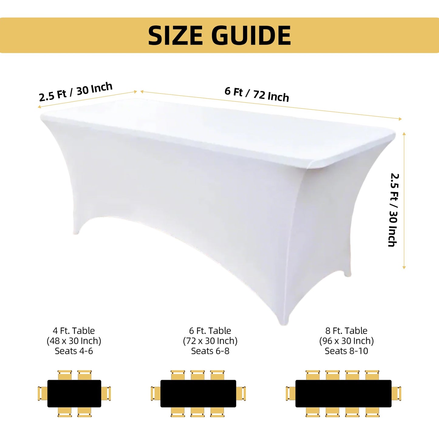 ZarzaaSik 6-Pack 6ft White Spandex Table Covers for Rectangle Standard Folding Tables - Wrinkle Resistant Stretch Tablecloths - Ultimate Fitted Table Protector for Parties, Trade Shows, Wedding