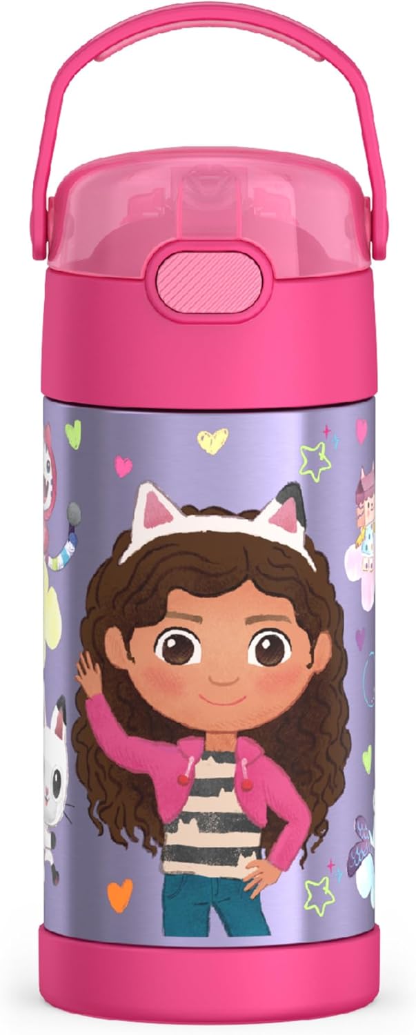 THERMOS FUNTAINER Water Bottle - 12 Ounce Kids Stainless Steel Vacuum Insulated with Straw | Gabby’s Dollhouse Design