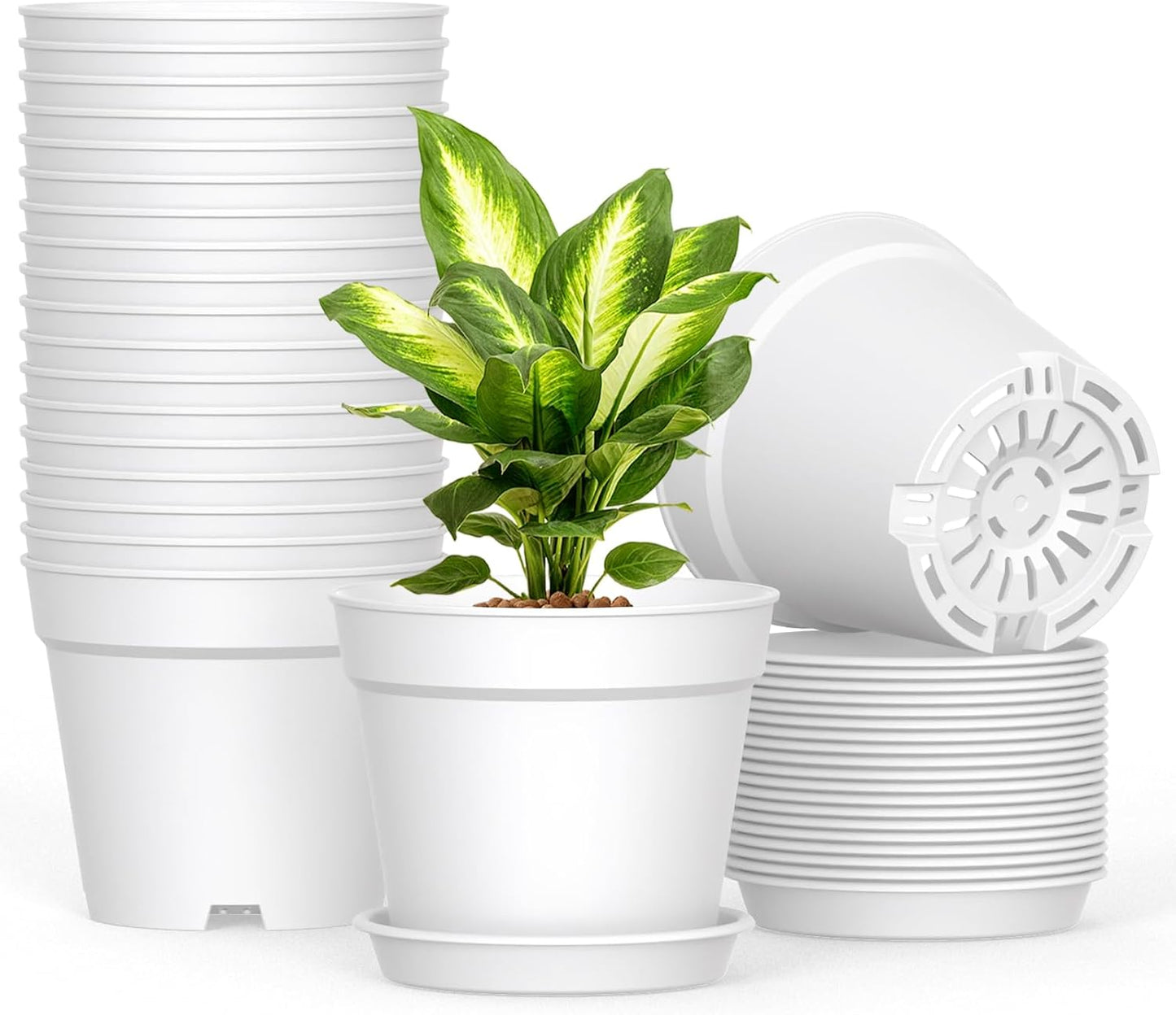 SwinDuck 20 Pack 6-Inch White Plant Pots - Drainage Saucers for Indoor & Outdoor Use | Stackable Nursery Planters
