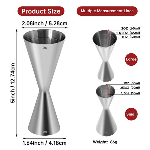Integrated casting professional Jigger for Bartending,Japanese Cocktail Jigger Premium 304 Stainless Steel Jigger Premium & Heavy-Duty 2 OZ 1 OZ with Dimensions Inside Bartending Measuring