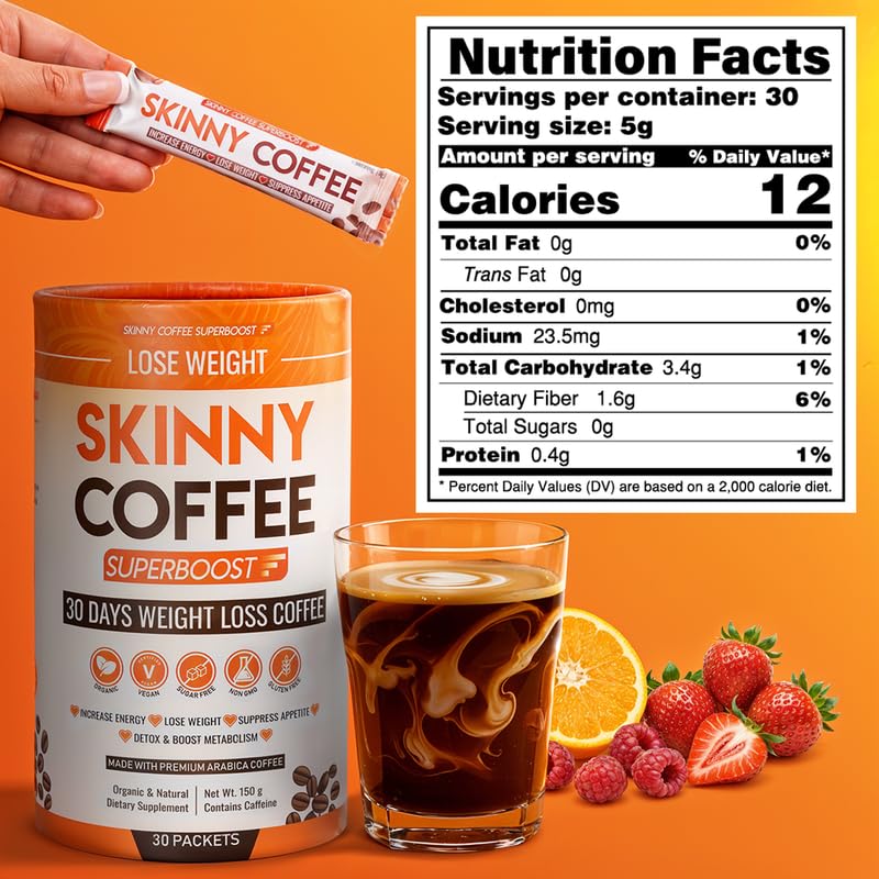 Skinny Coffee Super Boost Weight Loss Coffee - 60 Servings, Belly Fat Burner, Keto Vegan, Sugar-Free, Supports Metabolism & Energy