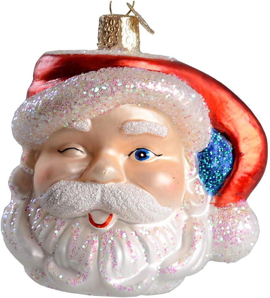Mid-Century Santa Head Glass Blown Ornament - 3.25” for Christmas Tree Decor