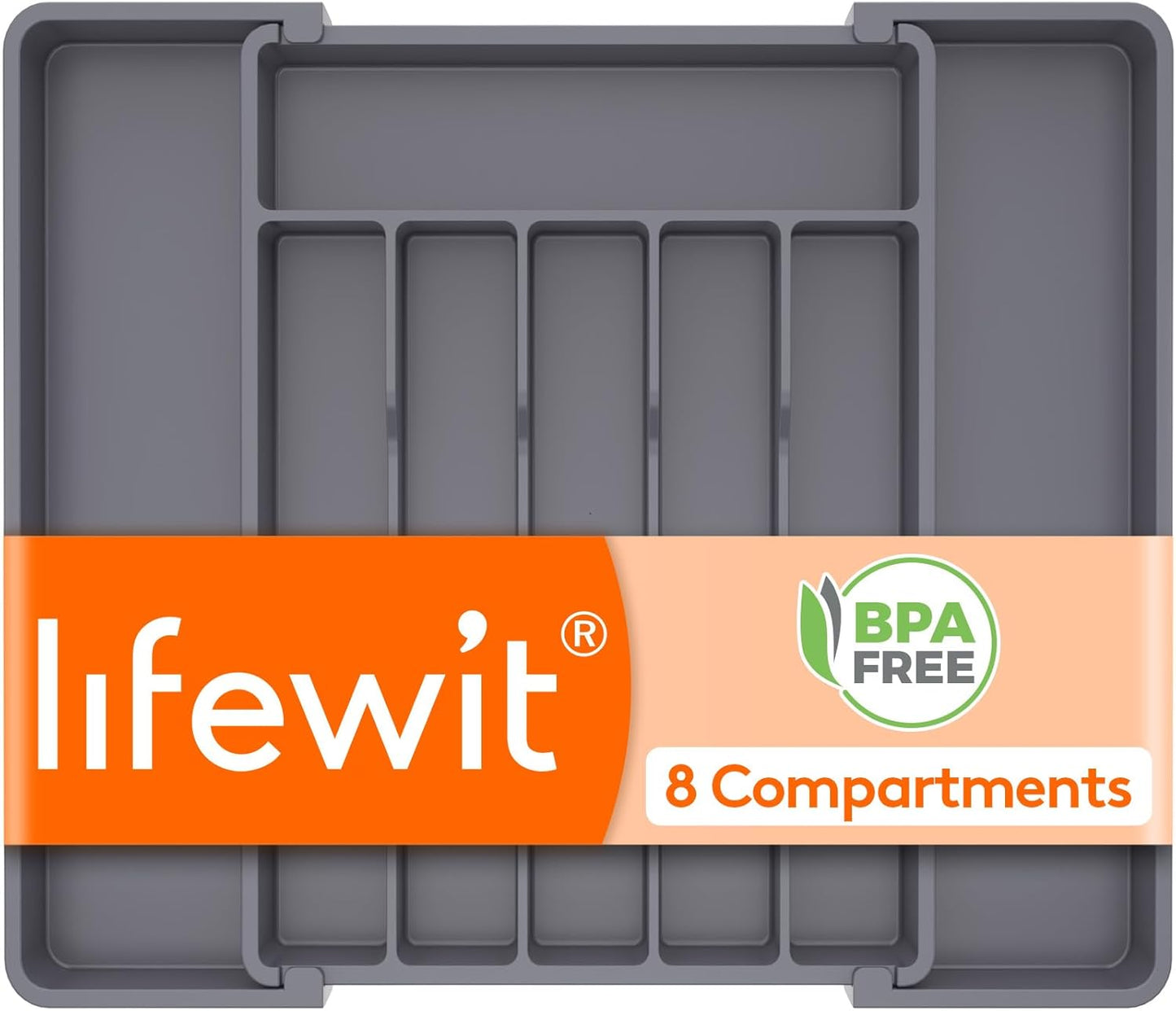 Lifewit Expandable Silverware Drawer Organizer - BPA-Free Utensil Tray for Kitchen | Adjustable Storage, Dark Grey (10.9"-17.5" x 13.7")
