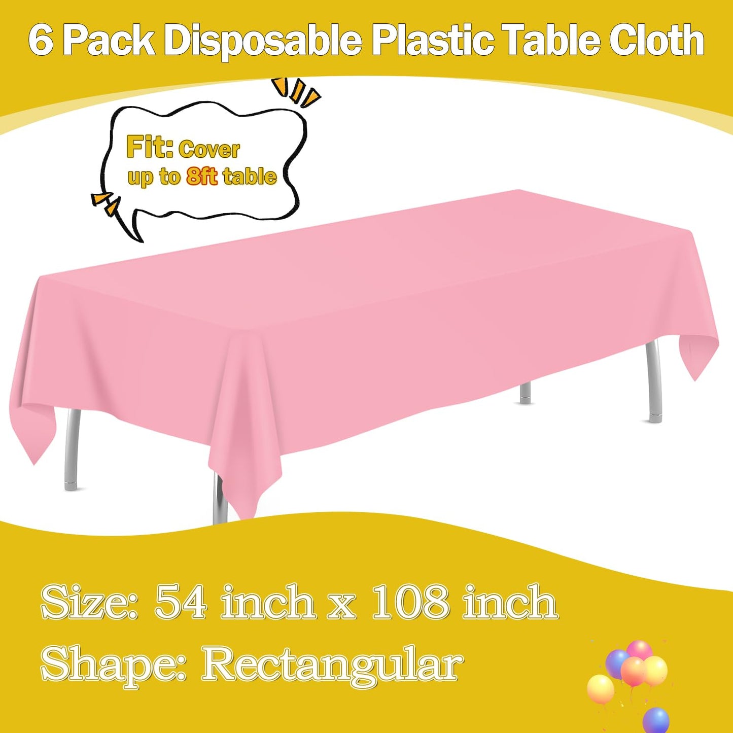tujol Pink 6 Pack Plastic Table Cloth 54" x 108", Disposable Tablecloths Rectangle Table Cover, Plastic Tablecloths for Parties