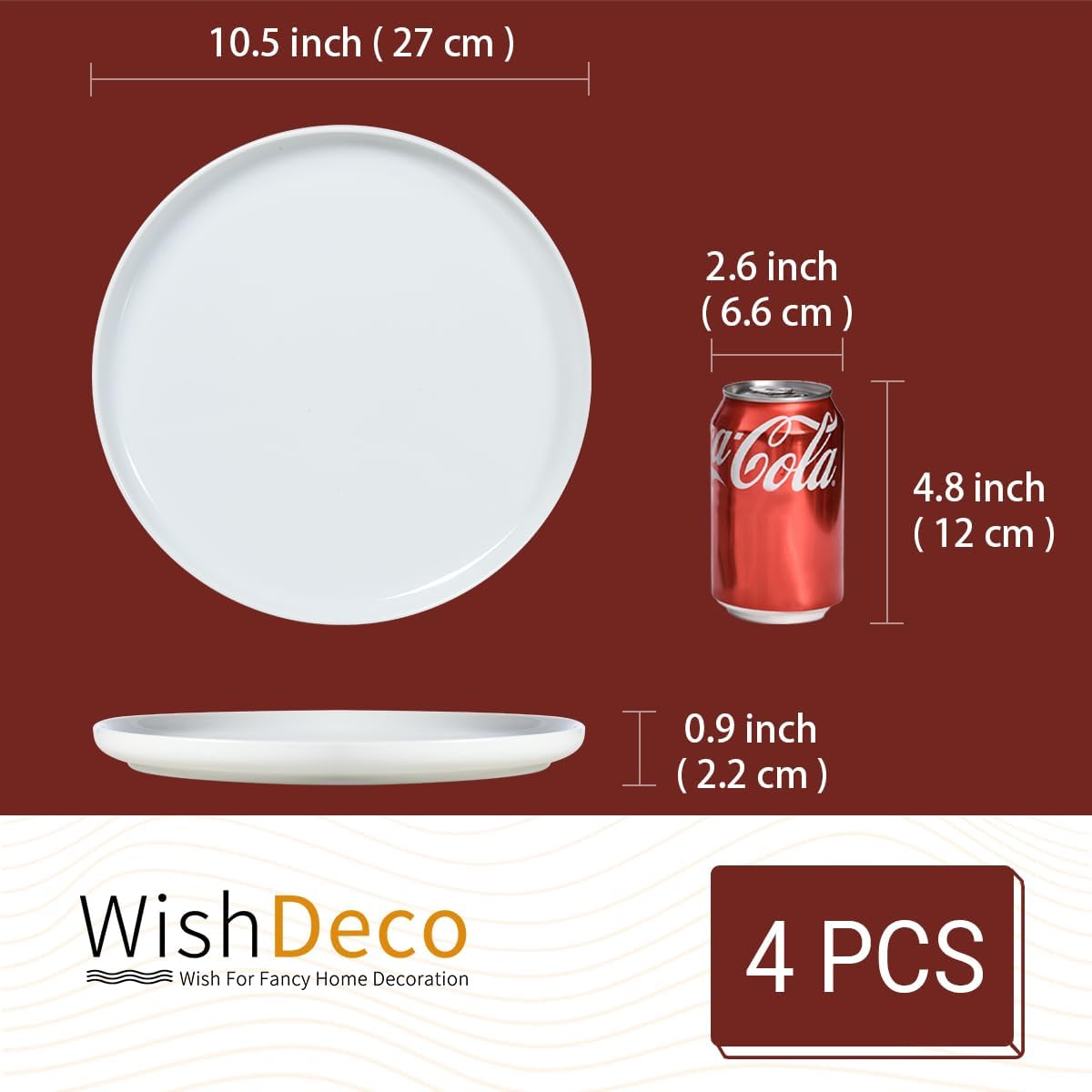 WishDeco White Dinner Plates - Set of 4 Ceramic 10.5-Inch Dining Plates | Microwave & Dishwasher Safe
