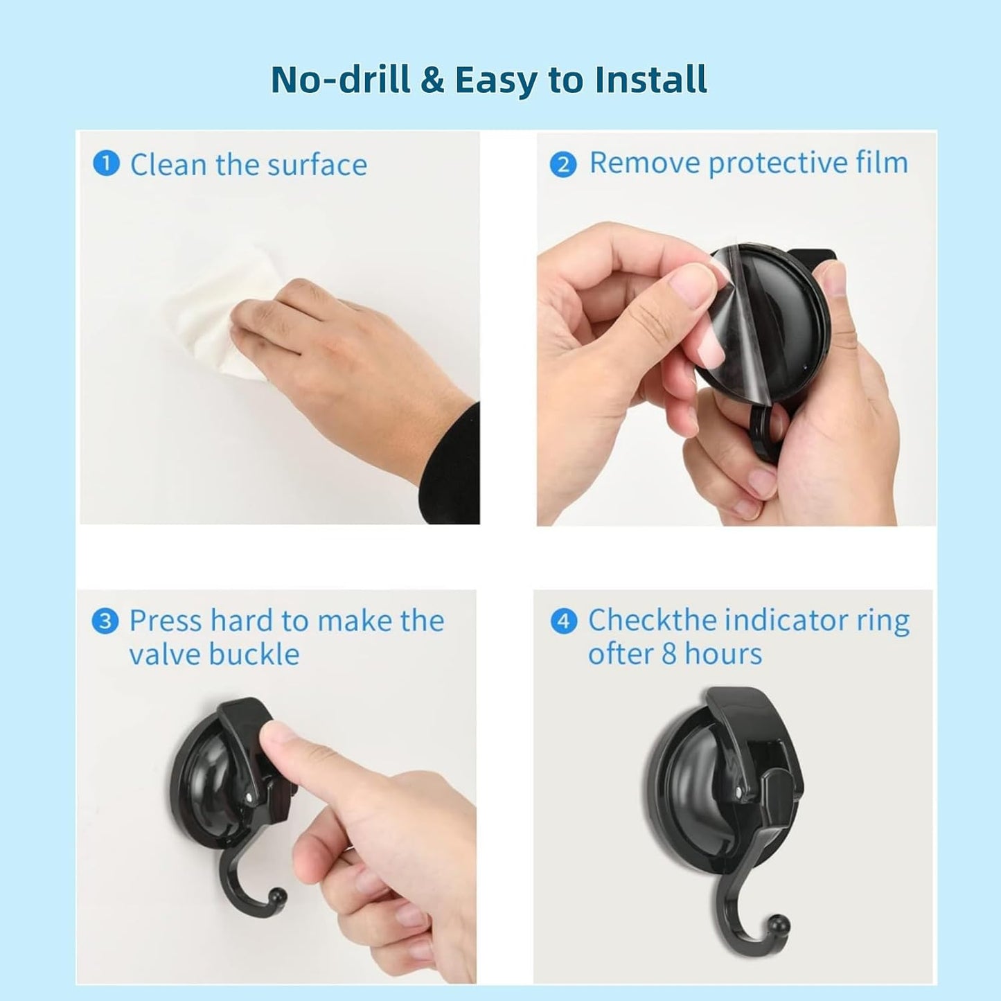 Skiennix Heavy Duty Vacuum Suction Cup Hooks - Easy Install No Hole Punching | Black (Set of 2)