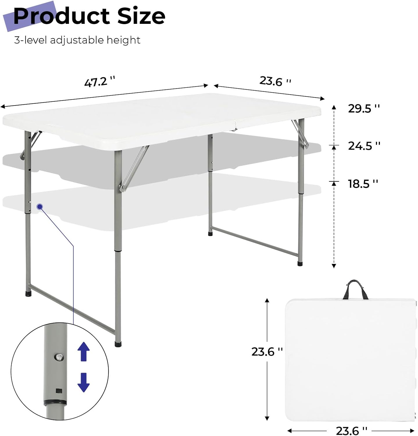 Byliable Folding Table - 4 Foot Portable Heavy Duty Utility Table | Adjustable Height, White, Ideal for Indoor & Outdoor Use
