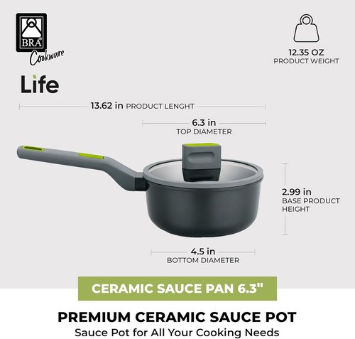 BRA COOKWARE Ceramic Nonstick Saucepan - 6.3 Inch, 1.2 Quart, PFOA Free, Soft-Touch Handle | Versatile for All Cooktops