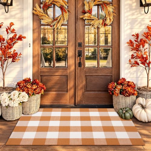 Caramel Buffalo Plaid Rug 3 x 5 ft for Entryway, Porch & Indoor Use - Farmhouse Style