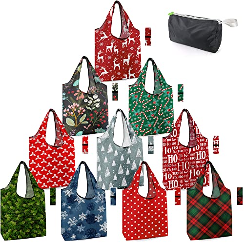 BeeGreen Christmas Deer Santa Reusable Grocery Bags 10 Pack with Zipper Pouch
