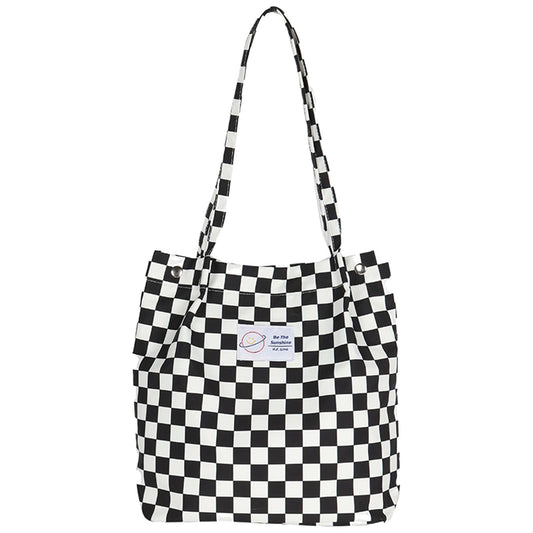 ICOCCI Women Tote Bags Grocery Shoulder Bag Corduroy with Inner Pocket for Work Beach Lunch Travel Shopping Shopper Handbags (Black & White Squares)