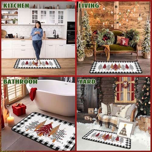 White Buffalo Plaid Xmas Kitchen Rugs Set of 2 – 17x47 and 17x30, Non-Slip Mats