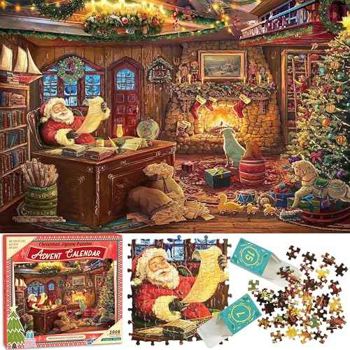 Puzzle Advent Calendar 2025, Santa's Workshop 1008 Pieces Jigsaw Puzzles, 24 Days Countdown Calendars for Kids, Home Decoration Christmas Advent Calendars Game Puzzles for adults