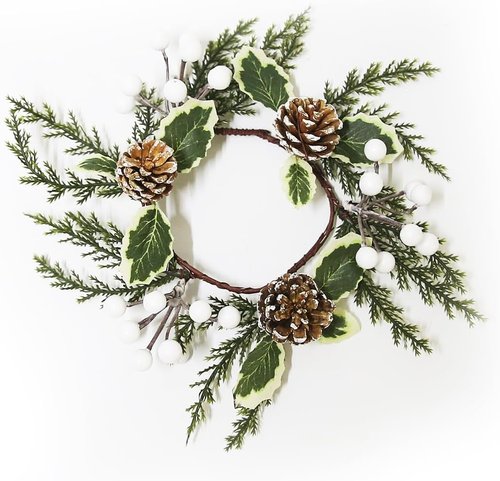 Christmas Greenery Candle Rings by [Brand Name] - 12 Pack with White Berries & Pine Cones | Festive Table Decor