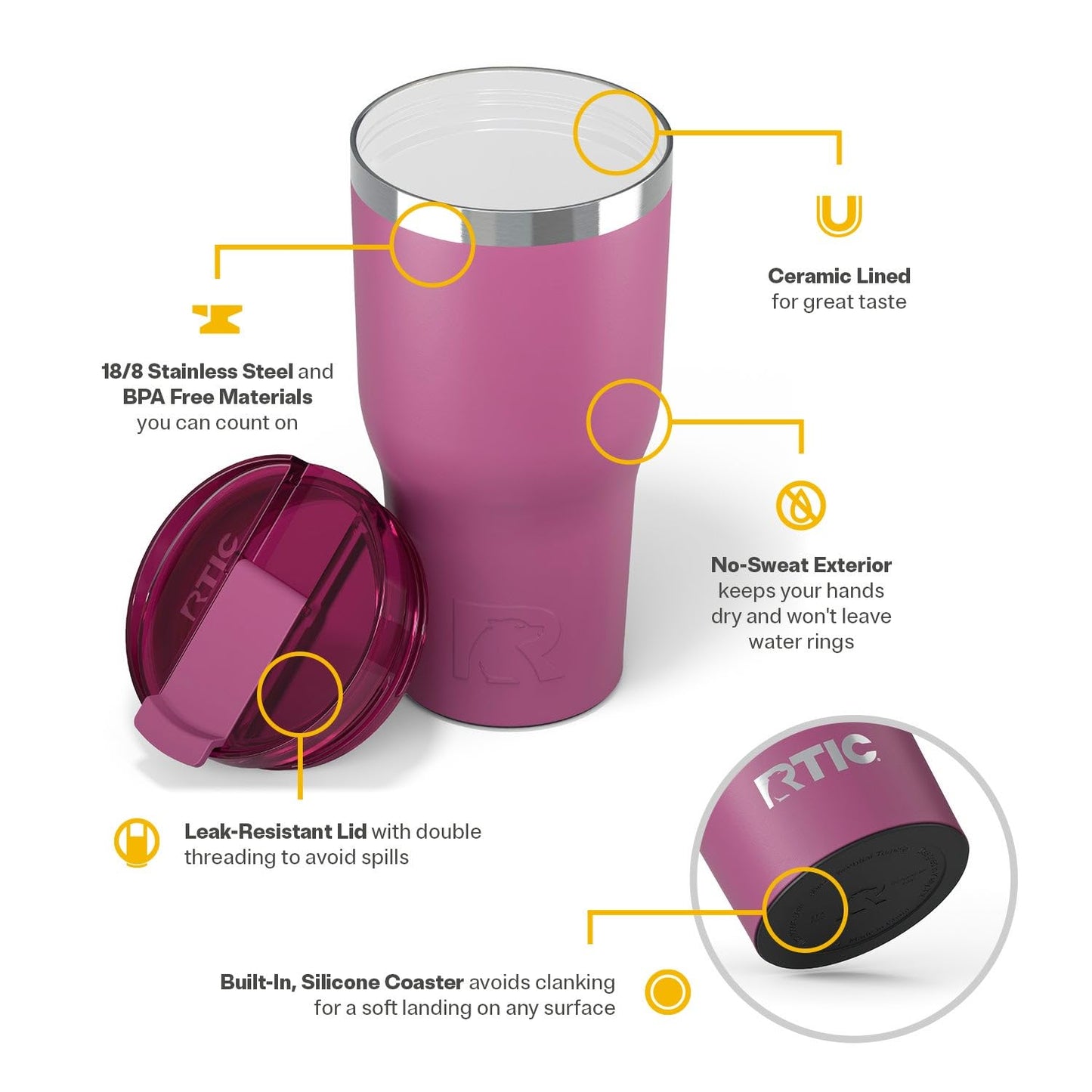 RTIC 30oz Essential Tumbler with Lid, Ceramic Lined, Insulated, Stainless Steel, Metal, Double Wall Vacuum-Insulation, Travel Cup for Iced Coffee, Tea, Hot and Cold Drink, Orchid