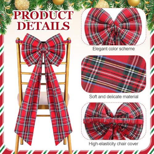 6pcs Christmas Chair Bows Decorations, 12x30in, Red, Tartan