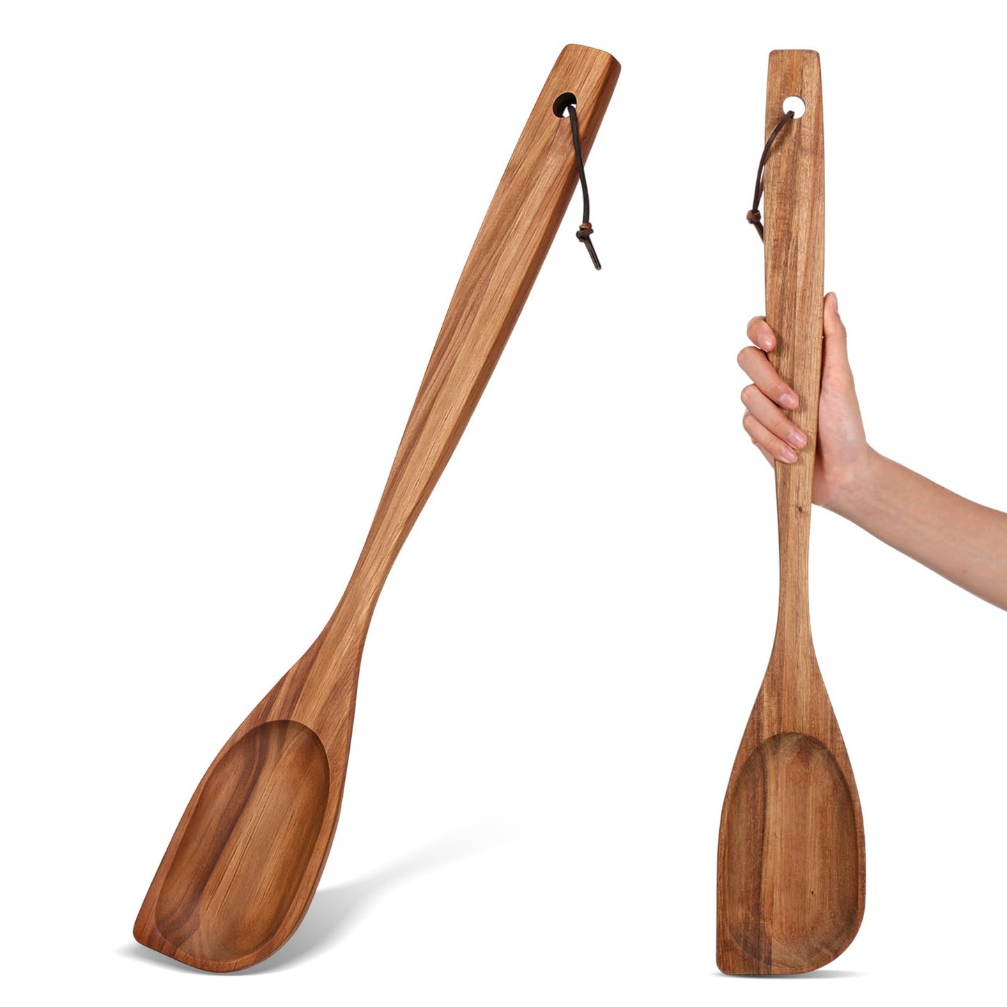 FillTouch 24 Inch Large Wooden Spoon for Cooking, Acacia Natural Wood Corner Spoon with Long Handle, Versatile Wood Spoons for Stirring, Flipping, Serving, Scraping
