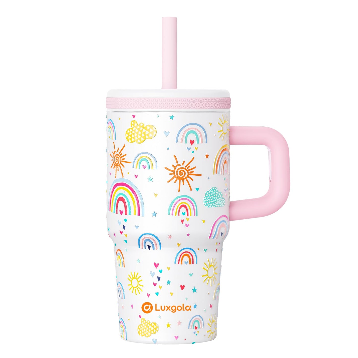 Luxgola Kids 20 oz Tumbler with Handle, Leak-Proof Screw-On Lid with Removable Silicone Straw, Spill Proof, Reusable Stainless Steel Insulated Water Bottle, Gifts for Boys and Girls, Rainbow