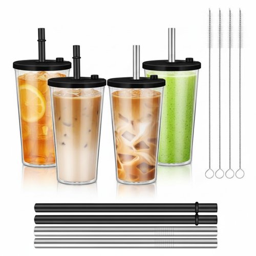 Honeydak 4 Pack 16 oz Reusable Iced Coffee Cups with Lids and Straws Leakproof Double Wall Insulated Clear Plastic Iced Coffee Tumblers with Straw Brushes