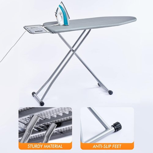 BKTD Ironing Board - Heat Resistant Cover with Steam Rest | Non-Slip Foldable Design, Silver Gray (13" x 34" x 53")