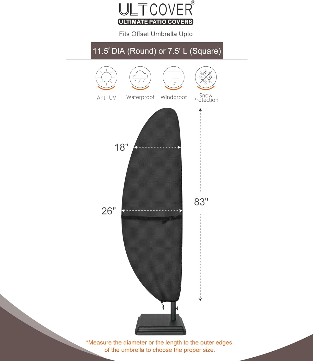 ULTCOVER Patio Umbrella Cover - 600D Waterproof Protection for 7.5-11.5 Ft Offset Umbrellas | Black