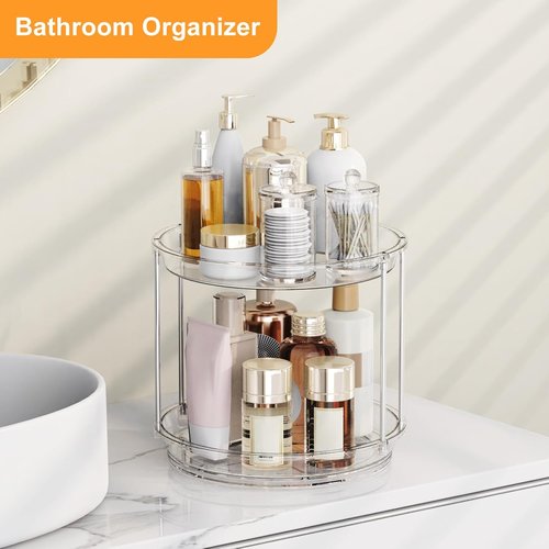 360 Rotating Makeup Organizer - 2-Tier Clear Lazy Susan Turntable for Vanity & Bathroom Storage